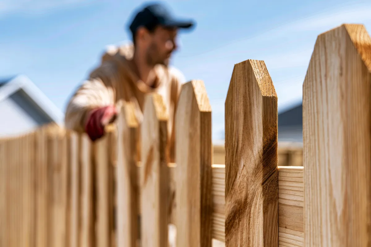 A handyman constructing a wooden fence in a backyard, emphasizing craftsmanship and privacy.